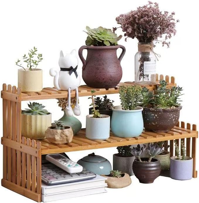 14.6"/10.8"/18.5"/22.8" 2 Tiers Bamboo Plant Stand Shelf,Desk Flower Pot Holder ,Adjustable Desktop Shelf Display Organizer Ladder Rack For Office Decorate Desk Shelving Storage Rack,Kitchen rack
