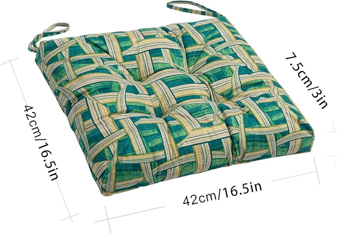 2-Pack Outdoor/Indoor Wicker Patio Seat Cushion Pad with Ties - Dining Chair Cushion, 17" x 17" (Green Plaid)