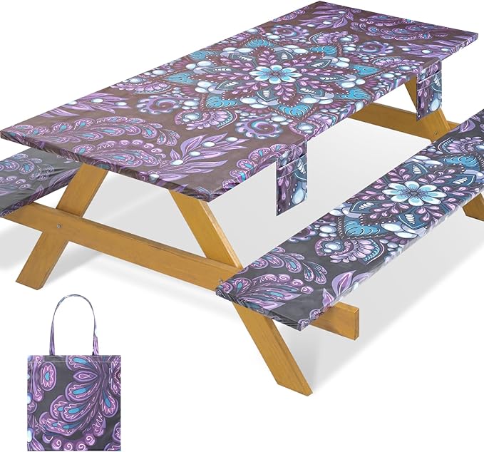 Fitted Waterproof Picnic Table Cover with Bench Covers Elastic Reusable Camping Table Cloths for 8Ft Rectangle Tables Summer Camp Motorhome Party Gear Outdoors Car Travel Trailer Gadgets Gift