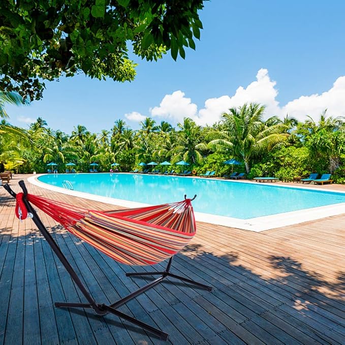 Portable Outdoor Polyester Hammock Set,Single Person Brazilian Hammock,Garden Cotton Hammocks,Indoor Swing Hammock Chair,with Stand & Carry Bag,for Outside Patio Porch Poolside Backyard (Red)
