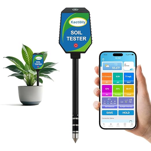 8-in-1 Soil Moisture Meter with App, Digital Soil Tester for pH, EC, Fertility, Salinity, Sunlight, Air Humidity, Temperature, Accurate Soil Test Kit for Indoor & Outdoor Plants