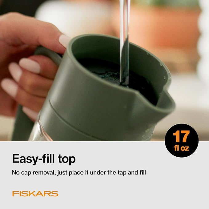 Fiskars Glass Watering Carafe for Indoor Plants – Easy-Fill Top Houseplant Watering Can, Drip-Free Narrow Spout, Small Plant Watering Pitcher, 0.5L/17 oz.