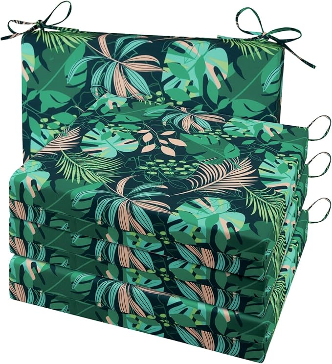 Cozyide Outdoor Chair Cushions, Waterproof Patio Seat Cushions with Adjustable Straps, Square Corner Patio Chair Cushions for Garden, Green Leaf, 18.5x16x3 Inch (Pack of 4)