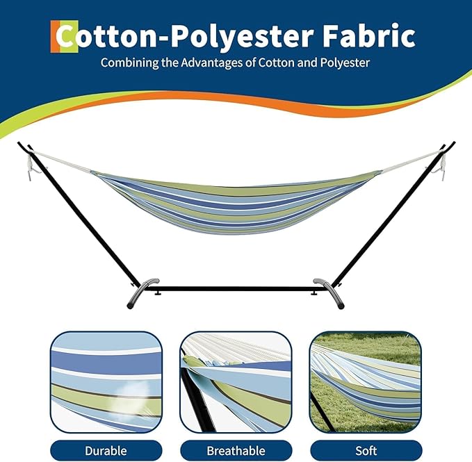 Double Hammock with Stand, 2 Person Portable Foldable Outdoor Hammock, 450lb Capacity Heavy-Duty Hammock for Garden, Patio, Backyard, Blue and Green Stripes