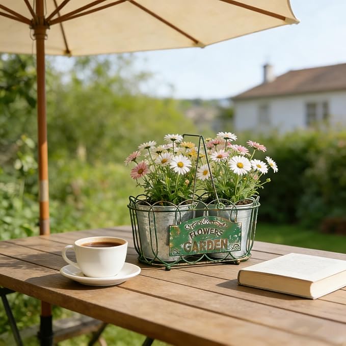 Vintage 2-Piece Metal Planter Set, Distressed Green Iron Wire Basket with Flowers Garden Sign, Rustic Farmhouse Plant Pots for Tabletop, Window Sill & Balcony Decor