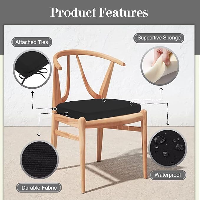 Cozyide Outdoor Chair Cushions, Waterproof Patio Seat Cushions with Adjustable Straps, Round Corner Patio Chair Cushions for Garden, Black, 17x16x2 Inch (Pack of 2)