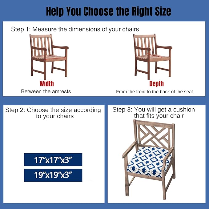 idee-home Outdoor Chair Cushions Set of 4, Thick 17" x 17" x 3" Outdoor Seat Cushions Patio Furniture Waterproof with Ties, Dining Pads