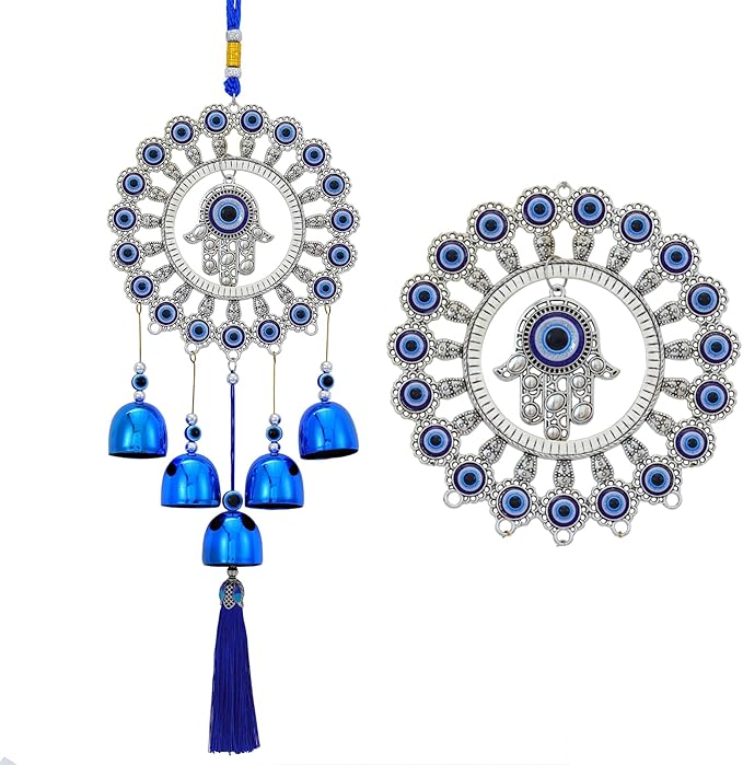 BWINKA Blue Evil Eye Hanging Decoration Ornament Metal Wind Chimes for Home Garden Gift Decoration (Eye-R-Y6)