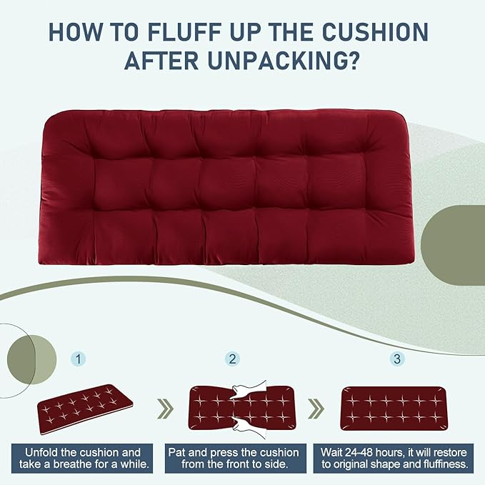 downluxe Outdoor Bench Cushion for Patio Furniture, Waterproof Tufted Overstuffed Porch Swing Cushions, Thick Outdoor Loveseat Cushions, 59" x 18" x 5", Burgundy, Set of 1