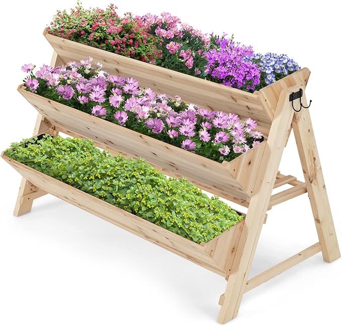 S AFSTAR 3-Tier Vertical Garden Bed, Wooden Elevated Planter Bed with Legs, Storage Shelf, 2 Hooks, Raised Bed Kit for Flower Vegetable Herb, Outdoor Plant Box Stand for Yard Garden & Balcony
