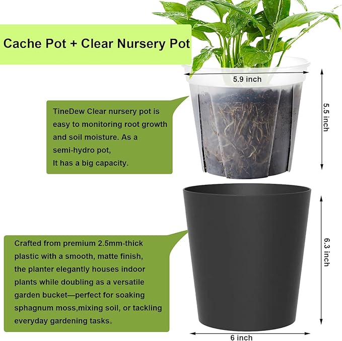 3 Pack of 6in Plastic Cachepot with 6 inch Clear nusery Pot - self Watering Indoor Planter with Drainage for Root Visibility,semi Hydro pots for repotting Orchids,Aroid or Monstera,Black