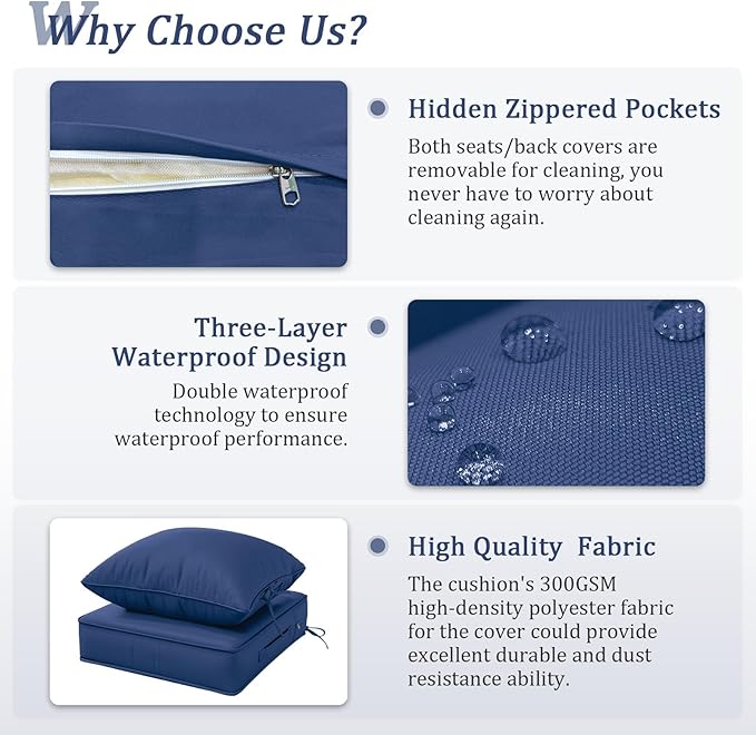 Outdoor Patio Chair Cushions Set 22 L X 24 W X 4 H Waterproof & Fade Resistant Deep Seat and Back Cushions with Removable Covers Outdoor Seat Cushion Set for Chairs and Sofas