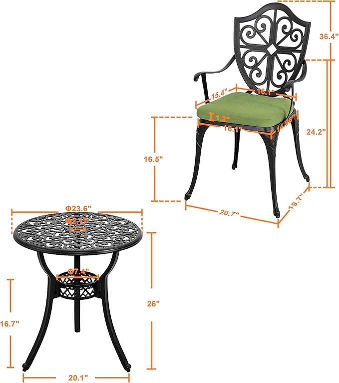 NUU GARDEN 3 Piece Outdoor Bistro Set, Outdoor Cast Aluminum Patio Bistro Table and Chairs Set of 2 with Umbrella Hole and Green Cushions for Backyard, Balcony, Porch, Black