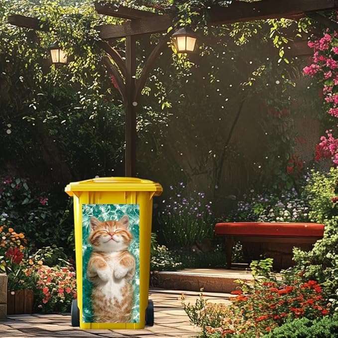 2PC Trash Can Sticker 14.57 x 32.28 Inch Relaxing Cat Design Summer Beach Theme Decorative Garbage Bin Cover Outdoor Trash Can Decal Art for Home Yard Garden Holiday Decoration