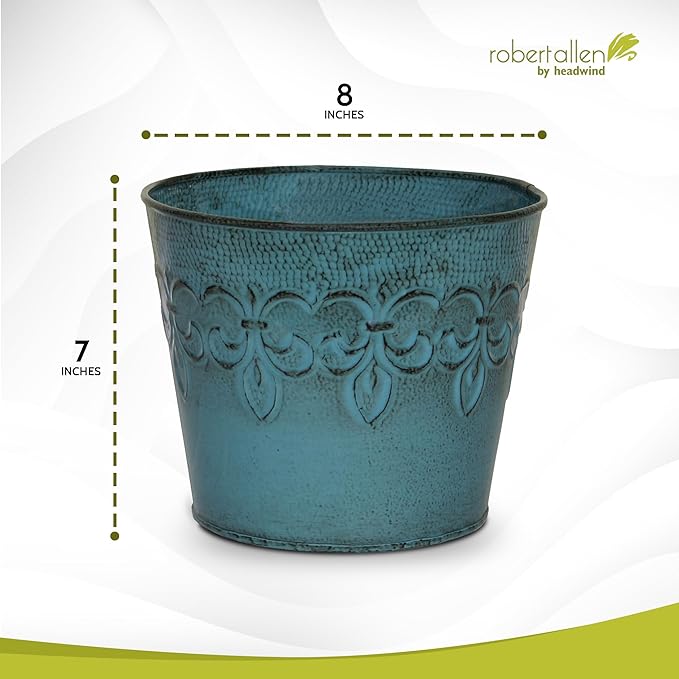 Headwind Ironlite Fleur De Lis Collection – 8" Surf Blue Decorative Planter with Drain Plug – Lightweight Metal Garden Pots for Indoor & Outdoor Planters Use by Robert Allen