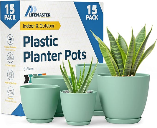 Mint Plant Pots with Drainage Holes & Saucers 15 Pack, Indoor & Outdoor Stackable Space-Saving Planters for Houseplants & Flowers, (7", 6.7", 6", 5.3", and 4.8" Inches), Durable & Weatherproof