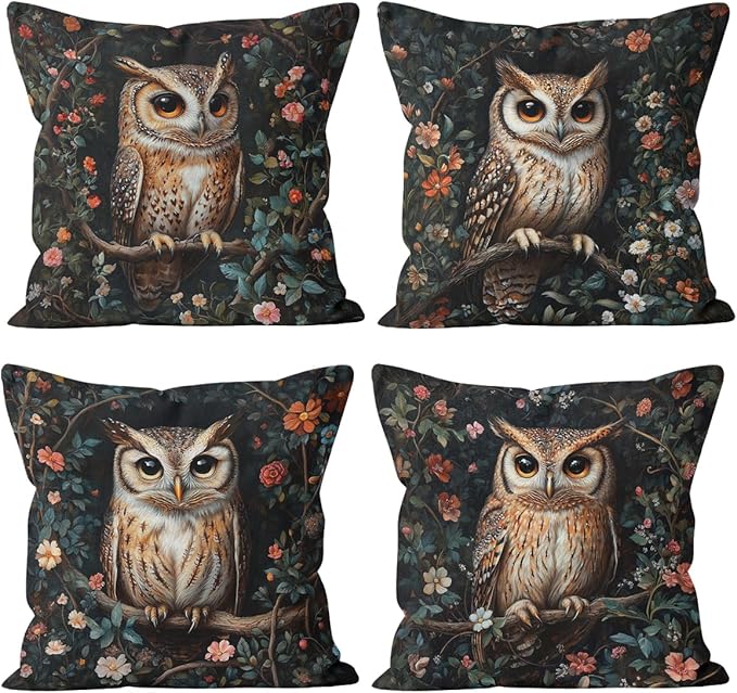 Owl Forest Pillow Covers 18x18 inch Set of 4, Mystic Woodland Flowers Dark Academia Throw Pillow Covers Farmhouse Cushion Case Decor for Sofa Couch