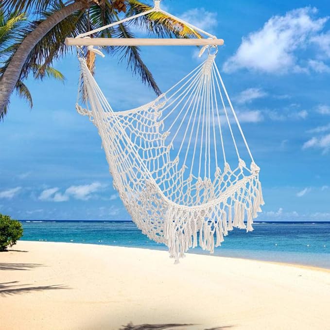 Hammock Chair Hanging Rope Swing, Hammock Net Air/Sky Chair Deluxe Cotton Rope Sling w/Tassel for Beach, Yard, Patio, Porch, Garden, Outdoor Space (Beige)