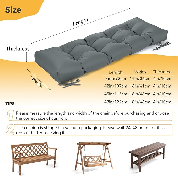 ROFIELTY Outdoor Bench Cushion, Waterproof/Sun-Proof Fabric, Tufted Bench Cushion with 2 Ties, Suitable for Outdoor Garden Bench/Swing/Indoor Furniture (Dark Gray, 42×16×4)