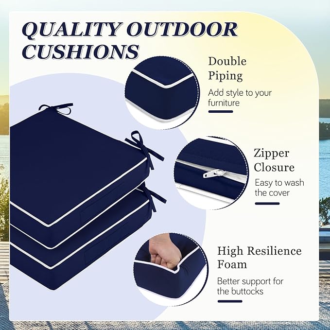 Waterproof Outdoor Chair Cushions Set of 2, Square Outdoor Seat Cushions with Ties and Removable Covers, 19 x 19 Outdoor Cushions for Patio Furniture with Portable Handle(Navy/White)