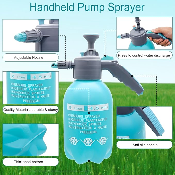 0.5 Gallon Handheld Pump Sprayer, 2L Garden Pressure Sprayer, 68oz Water Spray Bottle with Safety Valve, Adjustable Nozzle, for Watering,Plant Spraying, Home Cleaning, Fertilizing (Sky Blue)
