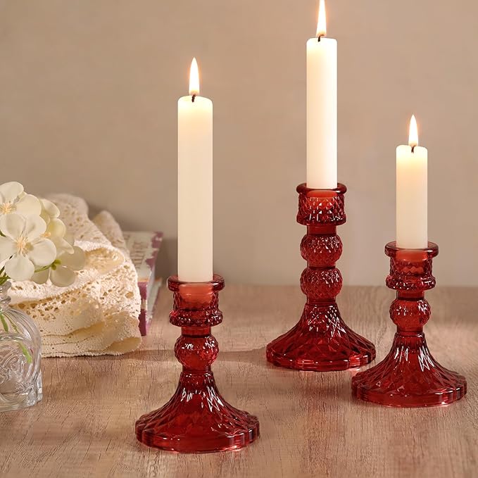 DARJEN Red Glass Candlestick Holders Set of 6, 4" H & 5" H Taper Candle Holders for Candlesticks & Pillar Candles, Diamond Candle Holders for Wedding Party Table Centerpiece, Home Decor