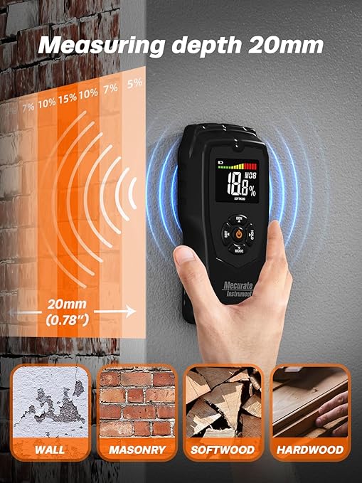 Moisture Meter Damp Meter Pinless Wood Moisture Meter for Walls Logs Firewood and Building Material, 4 Mode 9 Density Settings, Non-Destructive Moisture Detector with Backlit LCD and Alerts (Black)