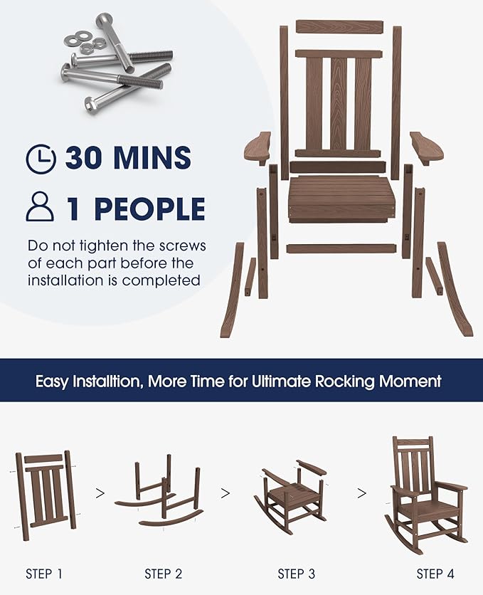 KINGYES Outdoor Rocking Chair Set of 6, All-Weather Patio Rocking Chairs for Porch, HDPE Rocking Outdoor Chairs with High Back for Adult, Heavy Duty Outdoor Patio Rockers for Garden, Lawn, Brown