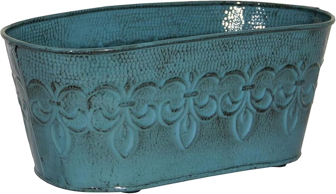 Headwind Ironlite Fleur De Lis Collection – 10" Surf Blue Oval Decorative Planter with Drain Plug – Lightweight Metal Garden Pots for Indoor & Outdoor Planters Use by Robert Allen