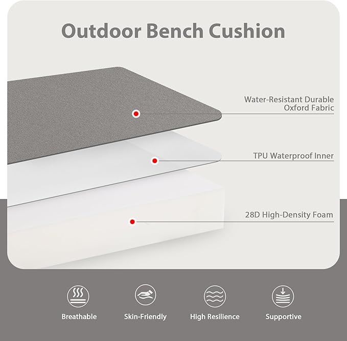 Favoyard Outdoor Bench Cushion 42 x 18 Inch Waterproof Patio Furniture Cushions 3-Year Color Fastness Garden Sofa Settee Couch Swing Pads with Handle and Adjustable Straps, Light Gray