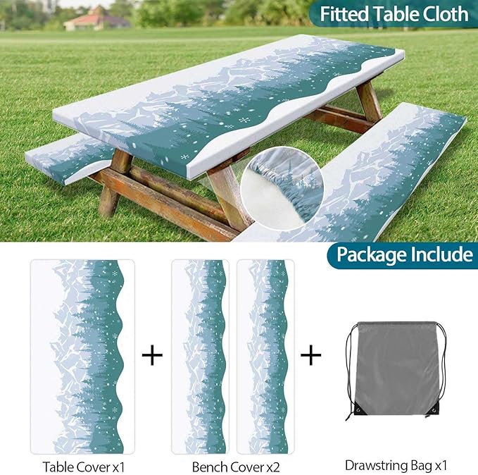 Picnic Table Cover with Bench Covers Waterproof Windproof Camping Tablecloth with Drawstring Bag, Outdoor Patio Camping Essentials, 60In 3PCS, Green Blue