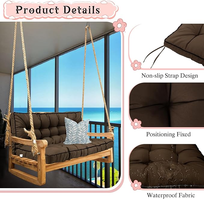 2-3 Seat Swing Replacement Cushion, Outdoor Bench Cushions with Backrest Thicken 4", Patio Furniture Garden Porch Loveseat Glider Pad Anti-Fading Waterproof (Brown, 40x70in-thicken)