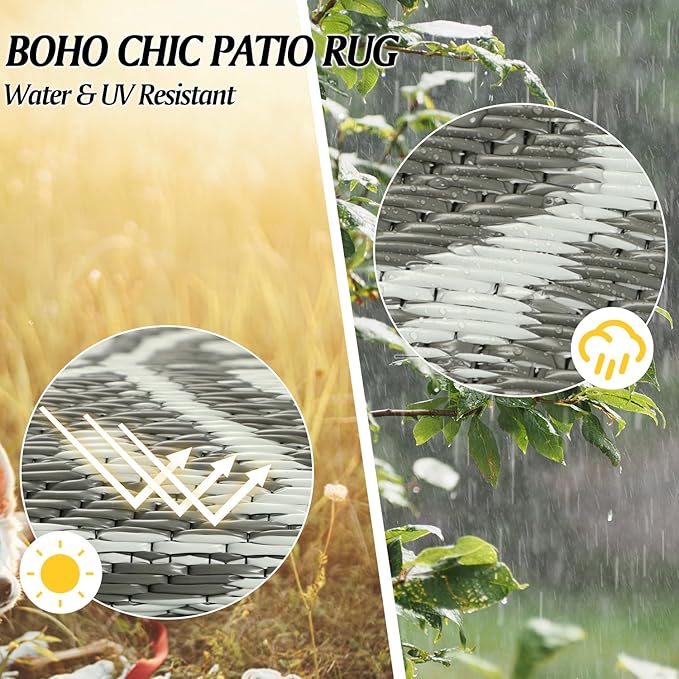 Cekene Round Outdoor Rugs for Patio 6Ft Waterproof Reversible Outdoor Patio Rugs Grey Lightweight Plastic Straw Rugs Portable RV Camping Mat Floor Carpet for Deck Porch Picnic BBQ