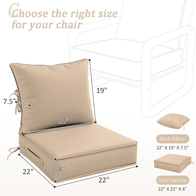 Outdoor Patio Chair Cushions Set 22 L X 22 W X 4 H Waterproof & Fade Resistant Deep Seat and Back Cushions with Removable Covers Outdoor Seat Cushion Set for Chairs and Sofas