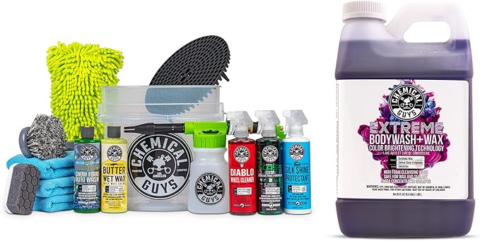 Chemical Guys CWS20764CW 14-Piece Arsenal Builder Car Wash Kit W/Foam Gun, Bucket & 5-16 oz Car Care Cleaning Chemicals (Works w/Garden Hose) + Extreme Bodywash & Wax Foaming Car Wash Soap 64 oz