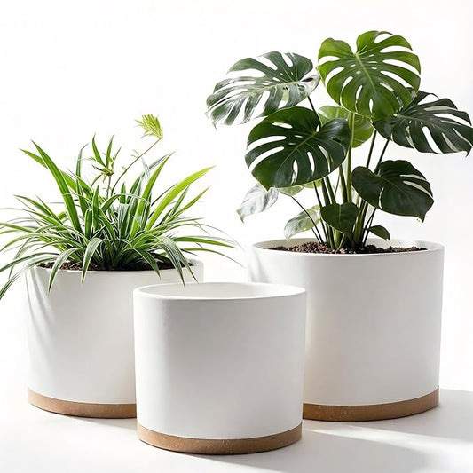 (3 Pack) 10 Inch Plant Pot with Drainage and Saucers, 10/9/8 Inch Plastic Plant Pots for Indoor Plants, Modern Round Planter Set for Flowers, Herbs, Garden Decor (White-Brown)