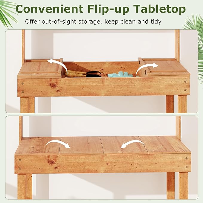 Giantex Potting Bench, Outside Solid Wood Potting Table with Flip-up Tabletop, Shelves, Indoor Outdoor Wooden Workbench for Patio Porch Balcony, Potted Plant Display Rack, 42"x18"x60", Brown