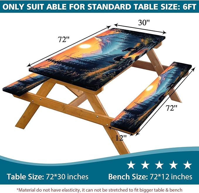 3PCS Picnic Table Cover with Bench Cover Bear Forest Sunset Pattern Camping Tablecloth Fitted Picnic Table Cover with Elastic Windproof Waterproof, Outdoor & Garden Camping Accessories 72IN