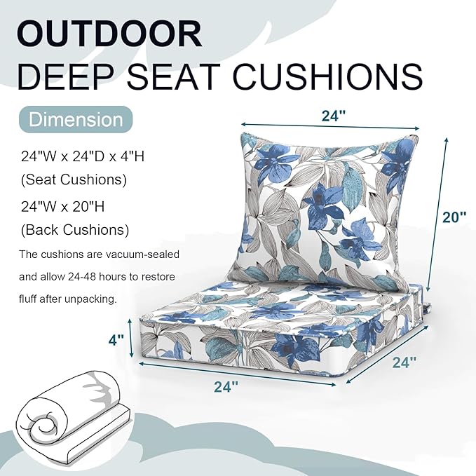 Outdoor Deep Seat Cushion Set, Water Repellent 24"x24" Patio Thick Cushions Replacement with Seat & Back Pillow for Patio Sofa, Wicker Chair, Couch - Clemens Noir Blue