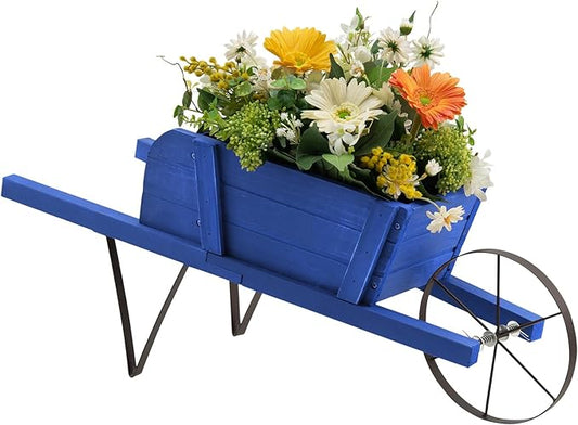 S AFSTAR Wood Wheelbarrow Planter, Small Flower Plant Pot Wheelbarrow Cart with Metal Wheel & 9 Replaceable Magnet Accessories, Wooden Wagon Planter Wheelbarrow for Outdoor Garden Backyard (Blue)