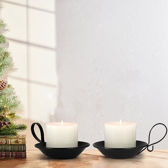 Matte Black Iron Candle Holder with Handle, 2pcs Iron Pillar Candle Holders with Safety Spike for Pillar/Ball Candles, Table Centerpiece Decoration
