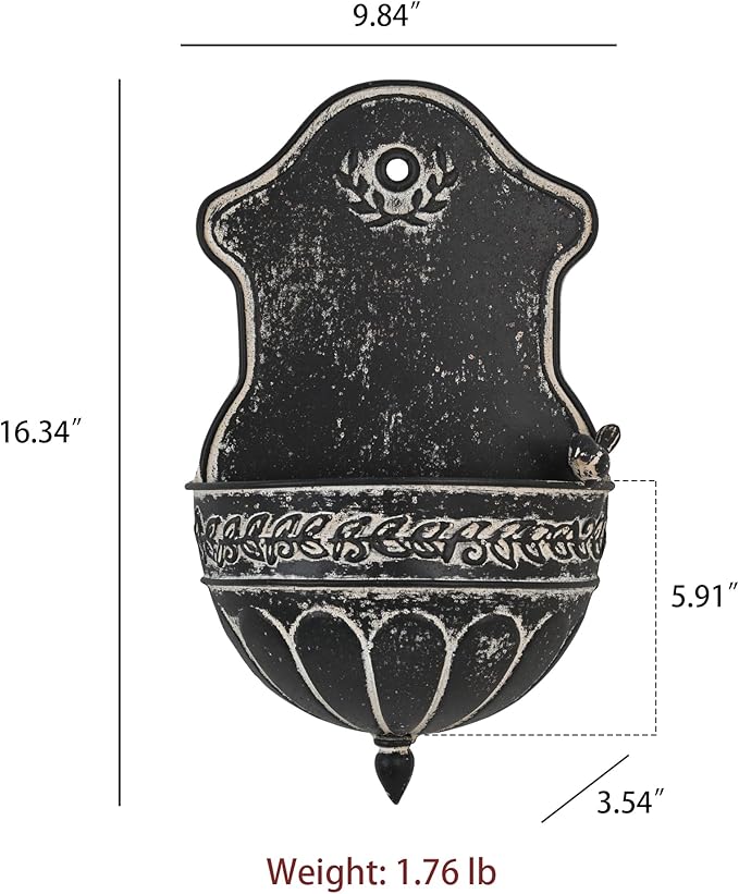 Vintage Distressed Black Metal Wall Planter, Rustic Hanging Pocket Planter with Scrollwork & Scalloped Design, Farmhouse Wall Decor for Indoor & Covered Outdoor Garden, Porch & Entryway