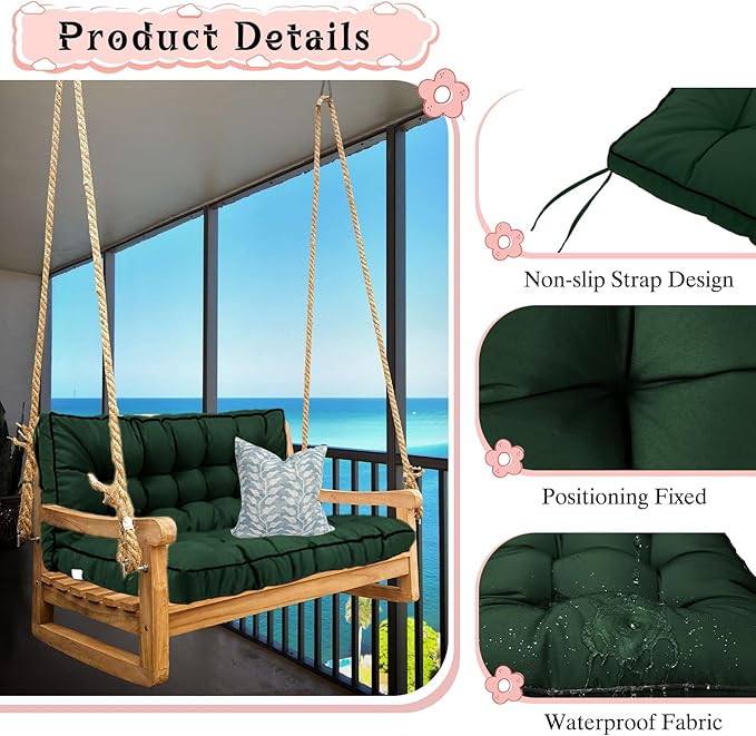 2-3 Seat Swing Replacement Cushion, Outdoor Bench Cushions with Backrest Thicken 4", Patio Furniture Garden Porch Loveseat Glider Pad Anti-Fading Waterproof (Dark Green, 40x63in-thicken)