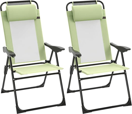 Outsunny Folding Patio Dining Chairs Set of 2, Outdoor Deck Chair with Adjustable Sling Back, Camping Chair with Removable Headrest for Garden, Backyard, Lawn, Green