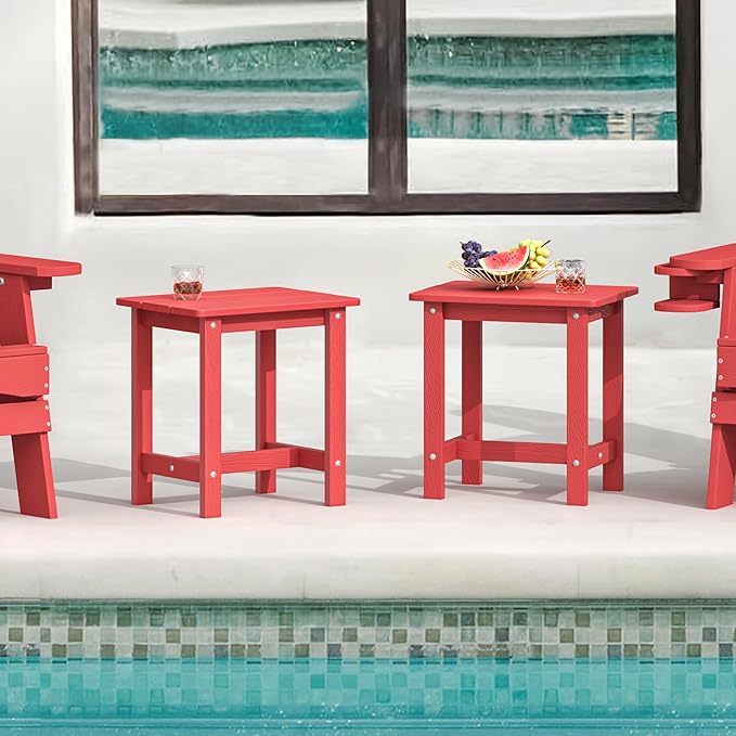 LUE BONA Outdoor Side Table Set of 2, HDPS Small Outdoor Table, Adirondack Side Table, Outside End Table for Patio, Porch, Pool, Weather Resistant/Easy Maintenance/Indoor or Outdoor Use, Bright Red