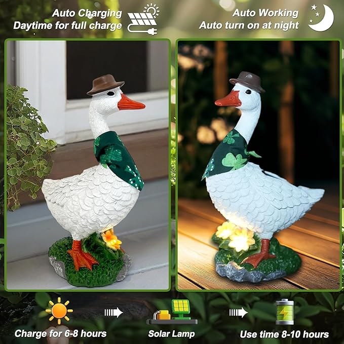 Porch Goose Garden Statue with Solar Glowing Flower, 10" Solar Duck Decorative Figurine for Outdoor, Valentine St.Patrick Easter Christmas Seasonal Scarves for Patio Yard Decor - Unique Gift for Women