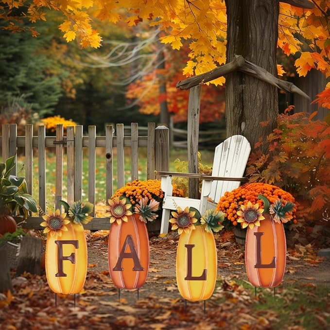hogardeck Outdoor Fall Thanksgiving Decorations for Home, 4 PCS Metal Pumpkin Decorative Garden Stakes with Sunflowers for Fall Decorations, Yard Signs for Garden Home Lawn Patio