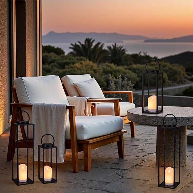 Large Solar Outdoor Lanterns, 25" 16" Tall Farmhouse Black Metal Waterproof Decorative Lanterns with Solar Candles for Front Porch, Patio, Christmas, Fall Decor- Set of 2