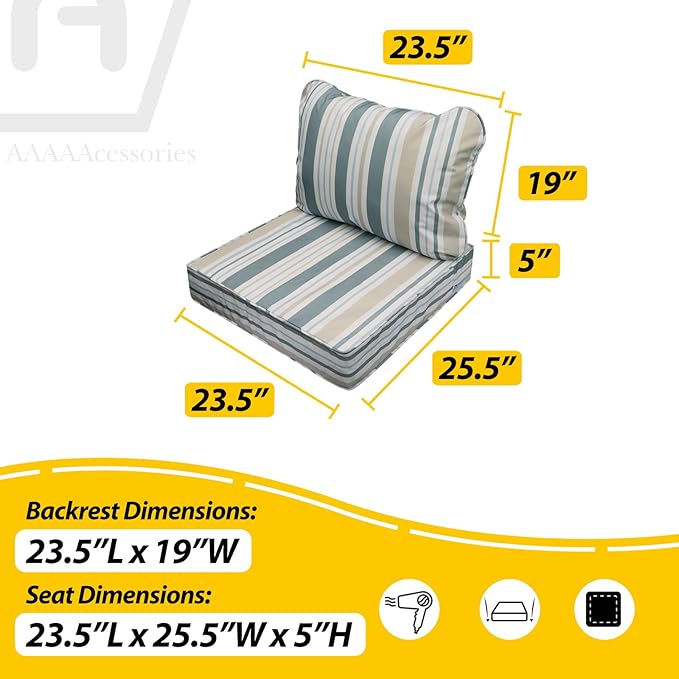 AAAAAcessories Outdoor Seat Cushions for Chairs, Fade-Resistant, Waterproof Patio Furniture Replacement Cushions, 23.5" x 25.5" x 5" + 23.5" x 19", Set of 2, Slate Gray Blue Coastal Stripe