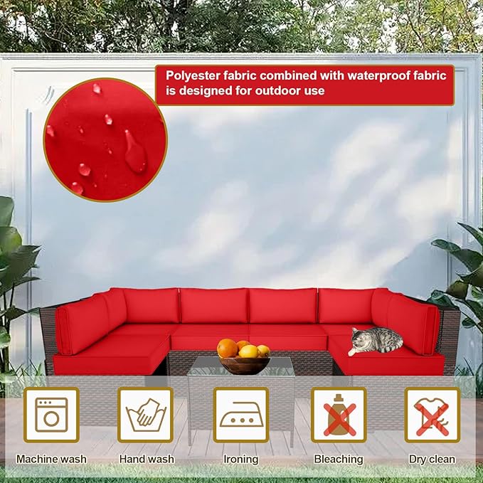 14 Piece Outdoor Patio Cushion Cover Replacement, Waterproof Patio Cushion Covers, Outdoor Furniture Cushion Covers Set for 6 Seat Wicker Rattan Sofa (Red)